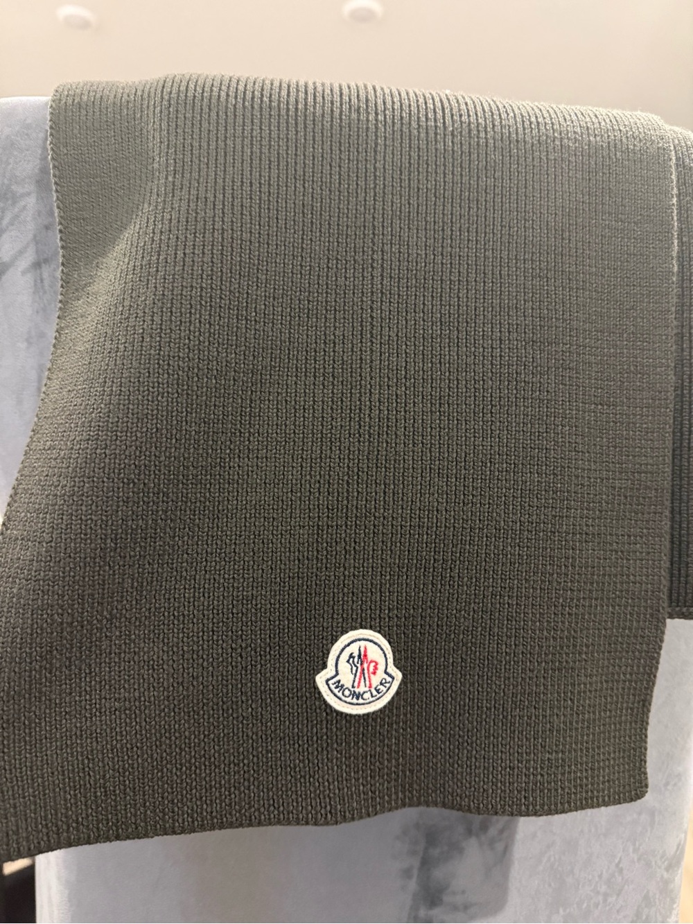 Moncler Olive Ribbed Knit Scarf with Logo Patch